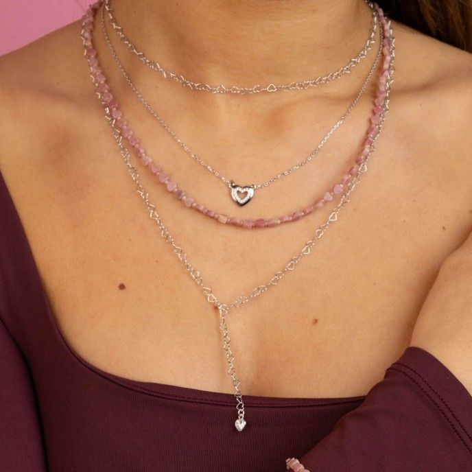 SILVER HEARTS NECKLACE - RHODOCRUZITE